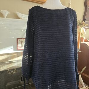 Banana Republic Large Petite Navy Blue Sheer Striped Blouse